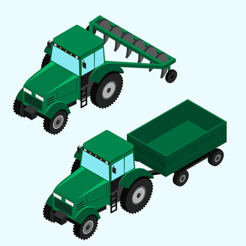 3d icons tractor with plow and tractor with trailer. isometric