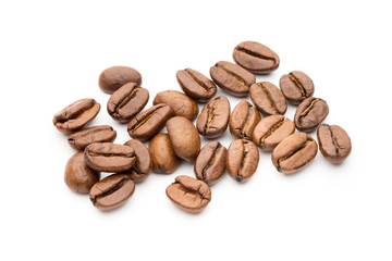 Coffee beans isolated on white background, closeup, macro