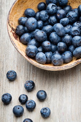 Blueberries in a bowl on a wooden table.