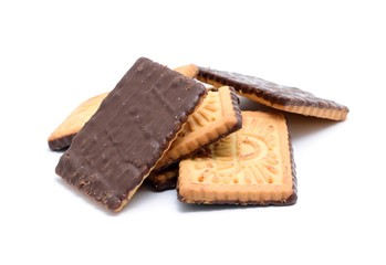 Stack of butter cookies with dark chocolate topping on a white background.