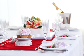 Beautiful served table for wedding or other celebration in restaurant