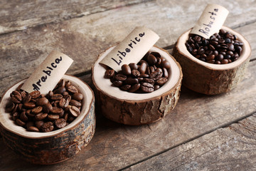 Collection of coffee beans on old wooden table, close up