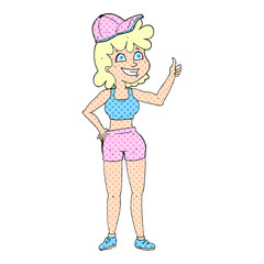 happy gym woman giving thumbs up symbol