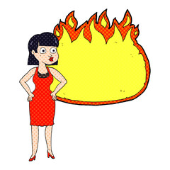 comic book style cartoon woman in dress with hands on hips and f