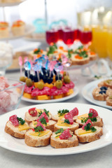 Set of cold snacks, canape, beverages, closeup