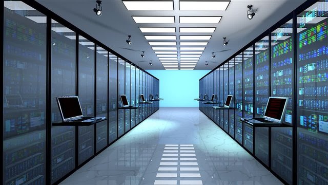 Blackout in server room. Data center server room network . Detailed 3d animation