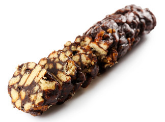 Chocolate salami, isolated on white