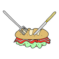 comic book style cartoon knife and fork cutting huge sandwich