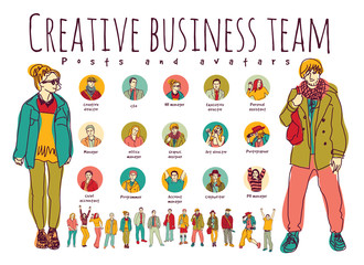Creative business team posts and avatars icons