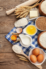 Products for cooking, still life with flour, milk, egg and wheat
