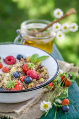 Tasty breakfast with yogurt and berry fruits in garden