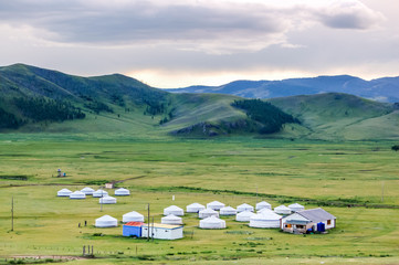 Mongolian yurts on steppe