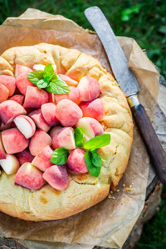 Tasty peach pie in garden