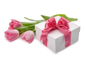 Fresh Tulips and boxes with gifts isolated on white background