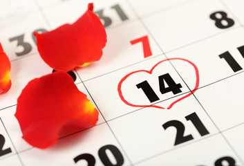 Calendar with date of February 14 -Valentines day, close-up