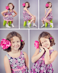 Studio portrait of a beautiful girl with a pink flower in her curly hair. Set of photos, collage of photos. Pink and purple colors