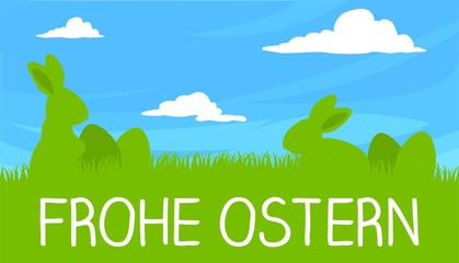 Frohe Ostern Karte mit Osterhasen, Ostereiern auf grüner Wiese vor blauem Himmel mit Wolken