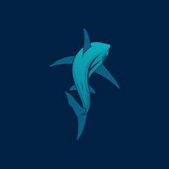Fototapeta premium Shark sailing far away logo sign on dark blue background vector