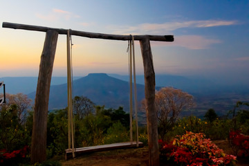 wooden swing center natral location and blue sky color