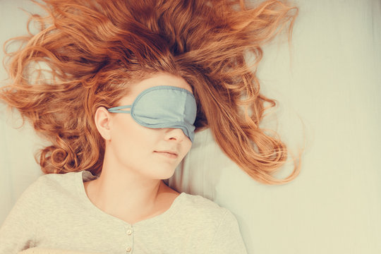 Sleeping Woman Wearing Blindfold Sleep Mask.