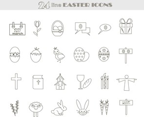 Easter Black and white line icons of Easter eggs, cross, Bible, Church, willow branch, flower, chick, Easter Bunny, rabbit head, Easter sheep, dialog boxes, gift box. Vector, illustration, clip art
