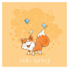 Spring card with funny cartoon fox and birds. Vector image.