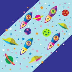 the alien flies in a space rocket in outer space vector illustration