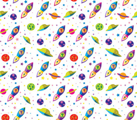 the alien flies in a space rocket in outer space seamless vector pattern