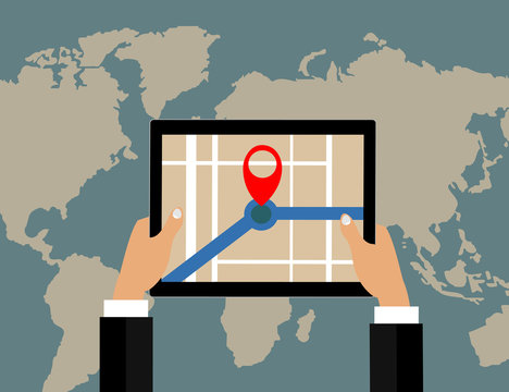 Businessman holds tablet and world map with location pointer