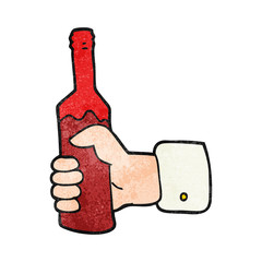 textured cartoon hand holding bottle of wine