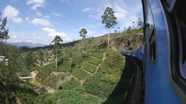 Train ride through the nice landscape and tea fields of Sri Lanka