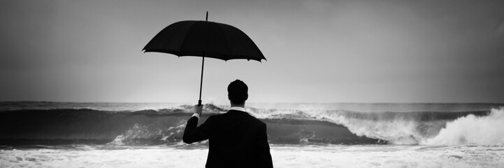 Lonely Businessman Alone Anxiety Beach Concept