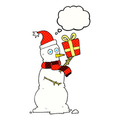 thought bubble cartoon snowman holding present