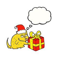 thought bubble cartoon cat with present