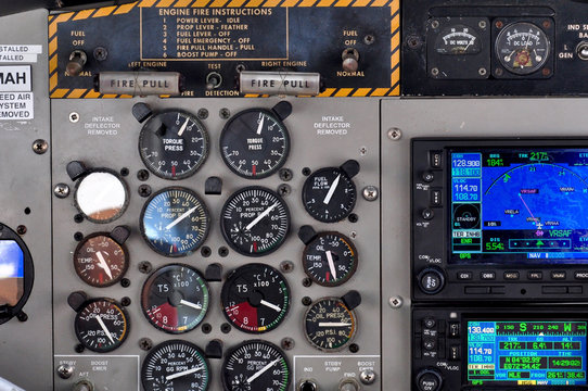 Seaplane control panel with many gauges