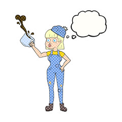 thought bubble cartoon female worker with coffee mug