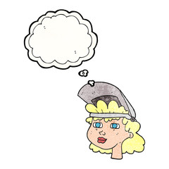 thought bubble textured cartoon woman with welding mask