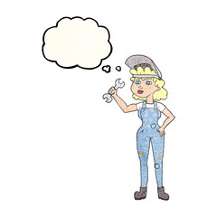 thought bubble textured cartoon woman with spanner