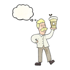 thought bubble textured cartoon man with coffee cups