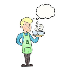 thought bubble textured cartoon barista serving coffee