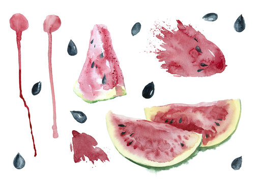Watercolor painting. Slices of red watermelon, seeds, streaks and blots on a white background.