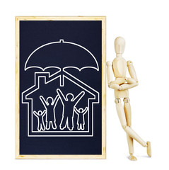 Man doing presentation about life and property insurance. Abstract image with a wooden puppet