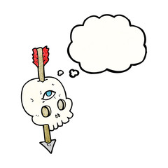 thought bubble textured cartoon magic skull with arrow through b