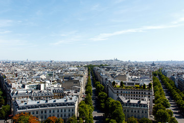 Fototapeta na wymiar Color DSLR stock image of boulevards and neighborhood in Paris, France, as seen from top of Arc de Triomphe. Horizontal with copy space for text