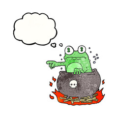 thought bubble textured cartoon halloween toad in cauldron