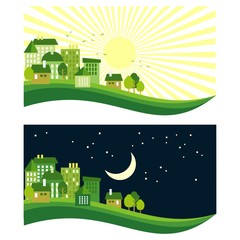 green eco town, day and night, flat vector concept