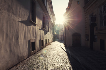 Old street in Prague at morning sunlight