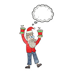 thought bubble textured cartoon man with coffee cups at christma