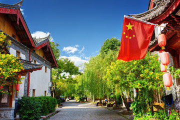 The flag of China in the Old Town of Lijiang, China