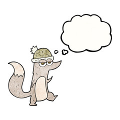 thought bubble textured cartoon little wolf wearing hat